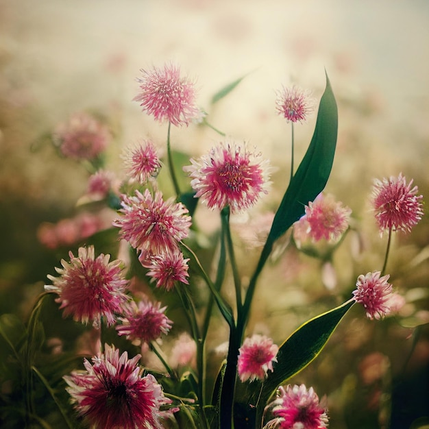 Beautiful pink wild flowers and grass field with spring plants generative ai