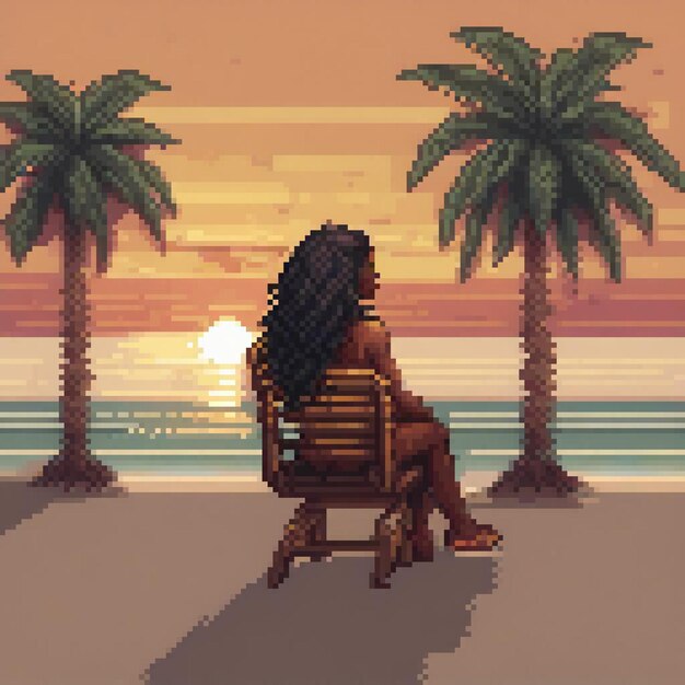 Beautiful pixel art of a woman enjoying a sunset beach moment