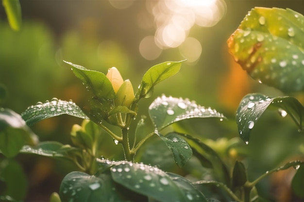 Beautiful plants with dew drops in nature on rainy morning in garden selective focus Image in green tones Spring summer natural background