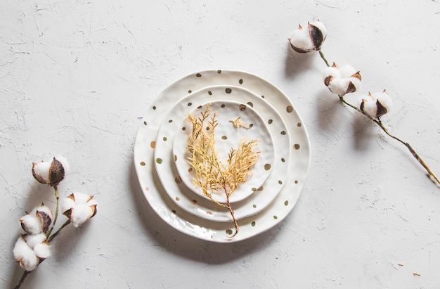 Beautiful plates on a white background with dried plant. Beautiful layout