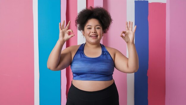 Beautiful plump girl in sporty top and leggings joyfully showing ok gesture while looking in camera