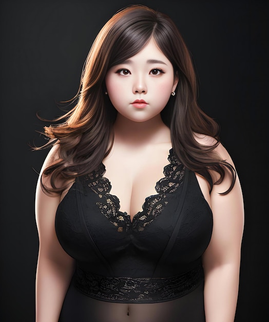 Beautiful plus size asian woman in black lingerie closeup portrait