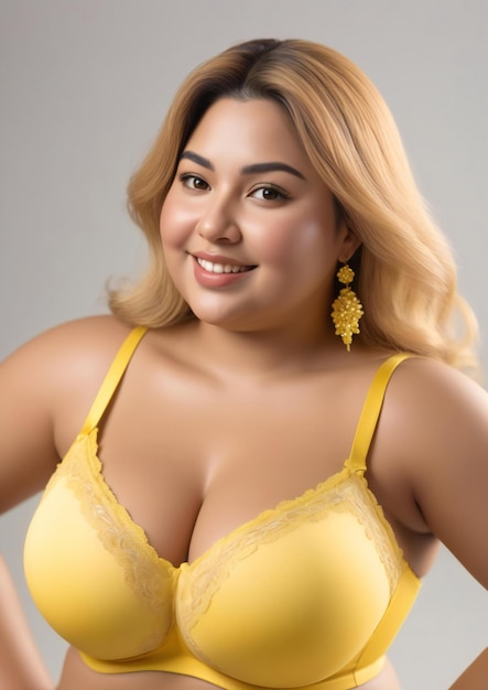 Beautiful plus size asian woman in yellow lingerie on grey background