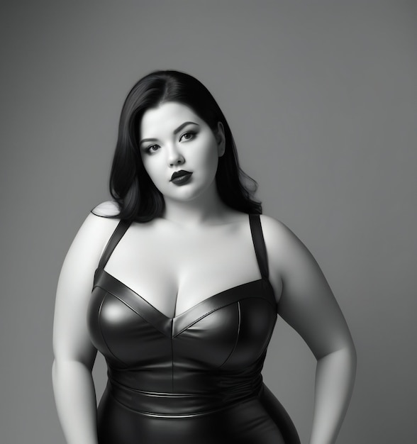 Beautiful plus size woman in black latex dress Studio shot