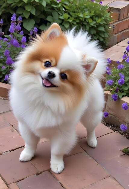 Photo beautiful pomeranian dog flower with green leaves aesthetic pomeranian dog