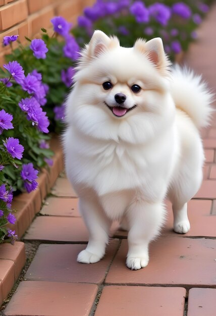 Photo beautiful pomeranian dog flower with green leaves aesthetic pomeranian dog