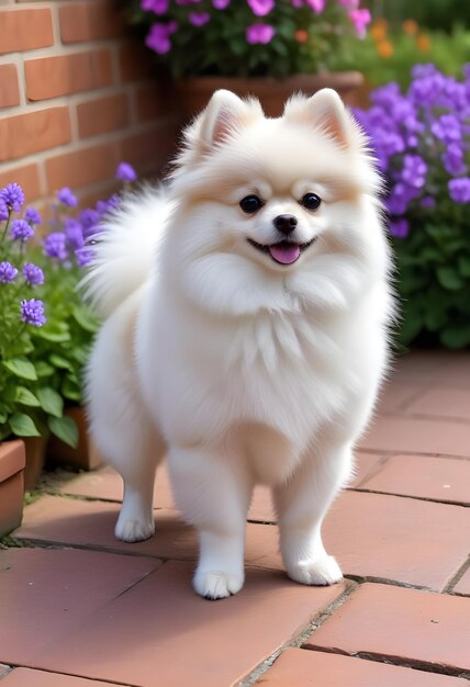 Photo beautiful pomeranian dog flower with green leaves aesthetic pomeranian dog