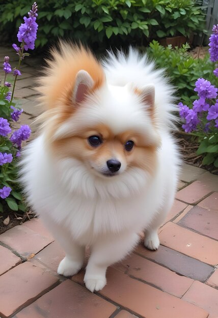 Photo beautiful pomeranian dog flower with green leaves aesthetic pomeranian dog