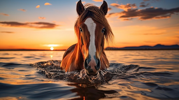 Beautiful pony on the water with a beautiful sunset in the distance