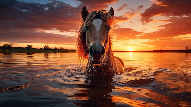 Beautiful pony on the water with a beautiful sunset in the distance