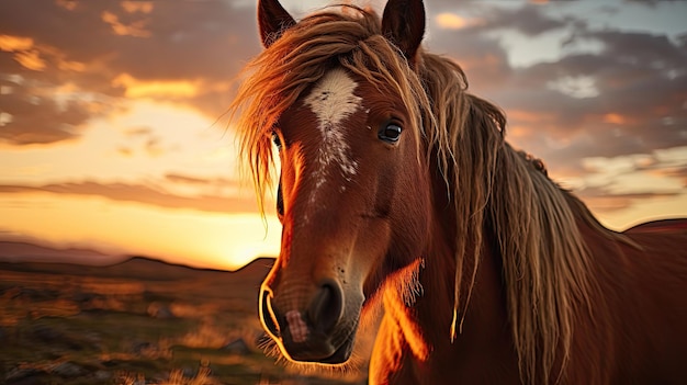 Beautiful pony with a beautiful sunset in the distance