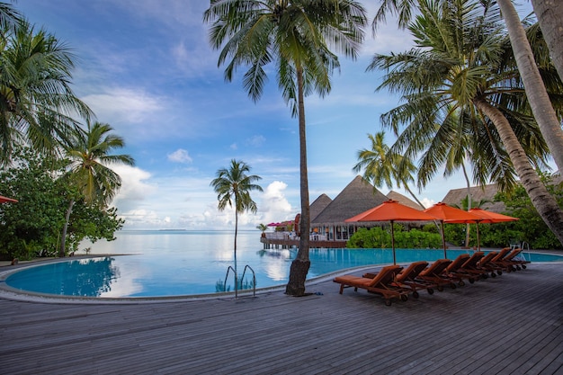 Beautiful poolside, sunset sky palm trees. Luxury tropical beach landscape infinity swimming pool