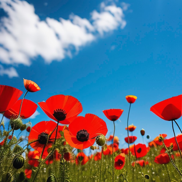 Beautiful poppies with blue sky