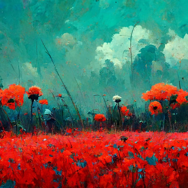 Beautiful poppy field and cloudy sky Spring flower background shallow depth of field Field of wild flowers