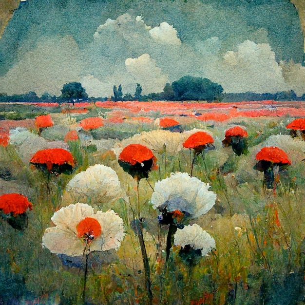 Beautiful poppy field and cloudy sky Spring flower background shallow depth of field Field of wild flowers