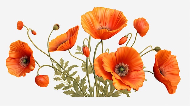 Beautiful poppy flowers plant floral illustration white background AI Generated image