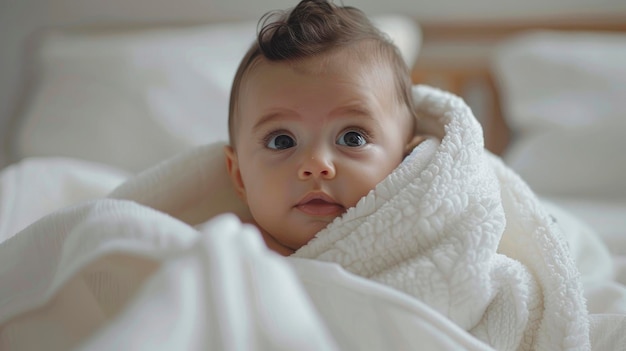 Beautiful Portrait Of A Baby Wrapped In A White Blanket Looking Serene And Peaceful