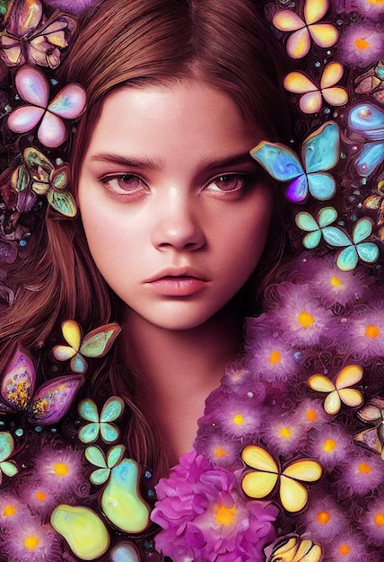 Beautiful portrait drawing of young girl covered in flowers and butterflies surrealism style