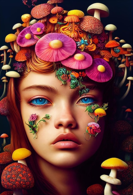 Beautiful portrait drawing of young girl with big blue eyes mixed with flowers and butterflies