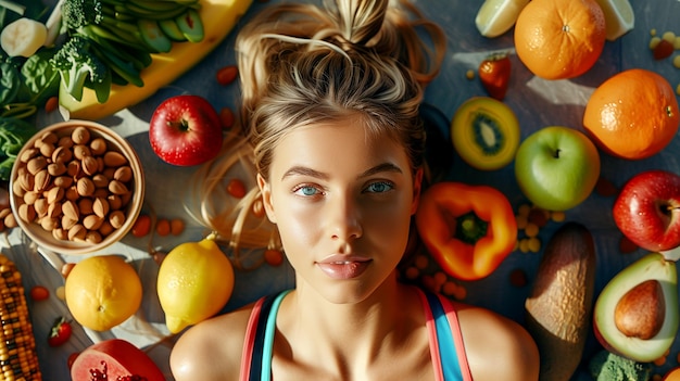 Photo beautiful portrait of a sportswoman surrounded by fresh vegetables