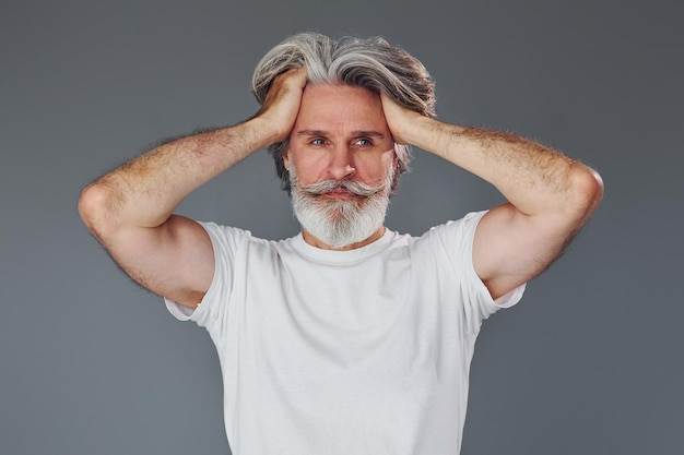 Beautiful portrait Stylish modern senior man with gray hair and beard is indoors