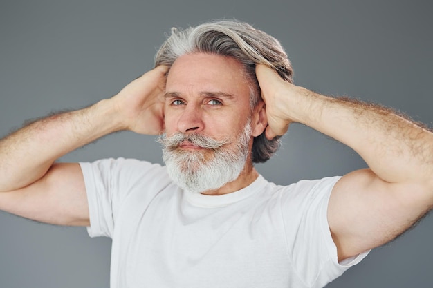 Beautiful portrait Stylish modern senior man with gray hair and beard is indoors