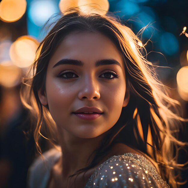 beautiful portrait of a teenage girl against the backdrop of city lights bokeh