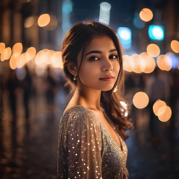 beautiful portrait of a teenage girl against the backdrop of city lights bokeh