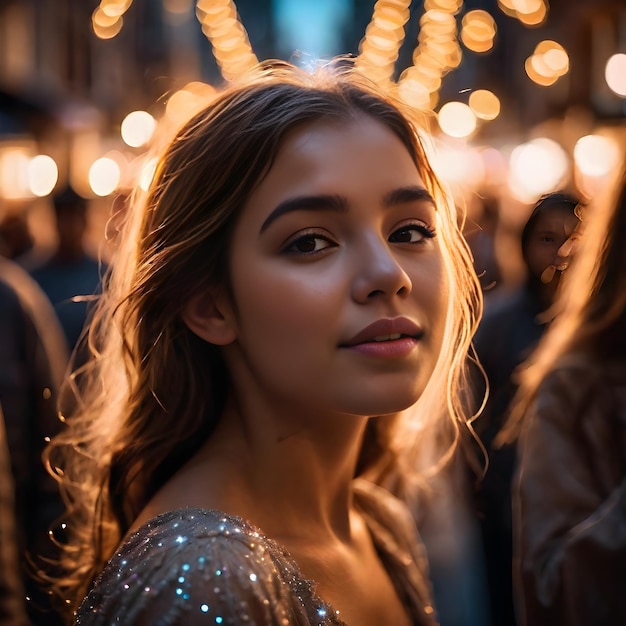 beautiful portrait of a teenage girl against the backdrop of city lights bokeh