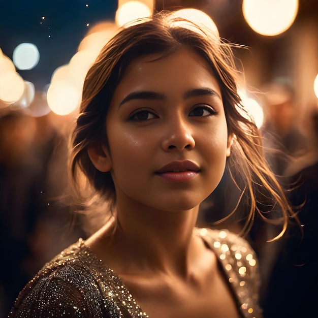 beautiful portrait of a teenage girl against the backdrop of city lights bokeh