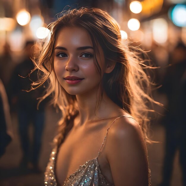 beautiful portrait of a teenage girl against the backdrop of city lights bokeh