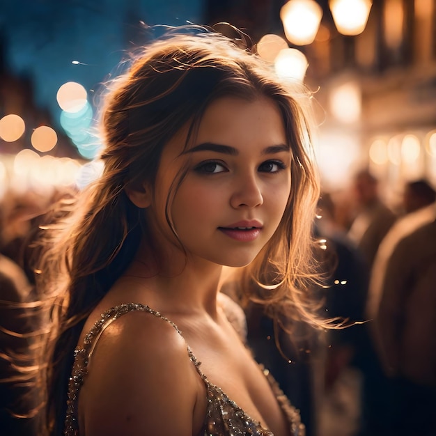 beautiful portrait of a teenage girl against the backdrop of city lights bokeh