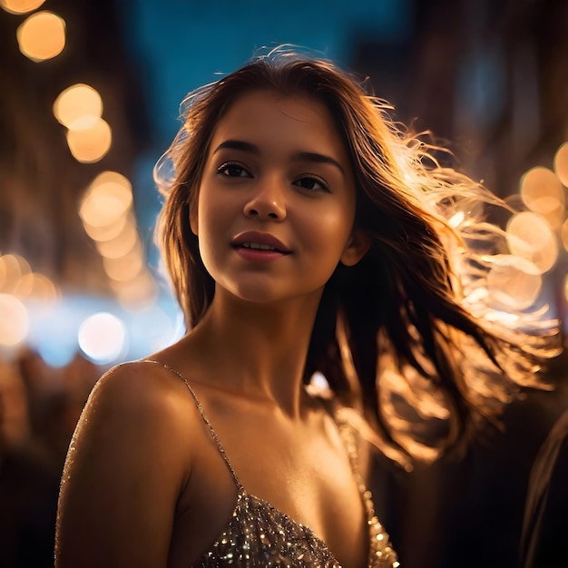 beautiful portrait of a teenage girl against the backdrop of city lights bokeh