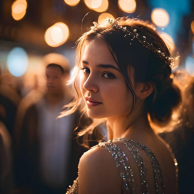 beautiful portrait of a teenage girl against the backdrop of city lights bokeh