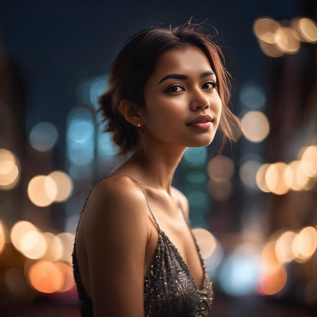 beautiful portrait of a teenage girl against the backdrop of city lights bokeh