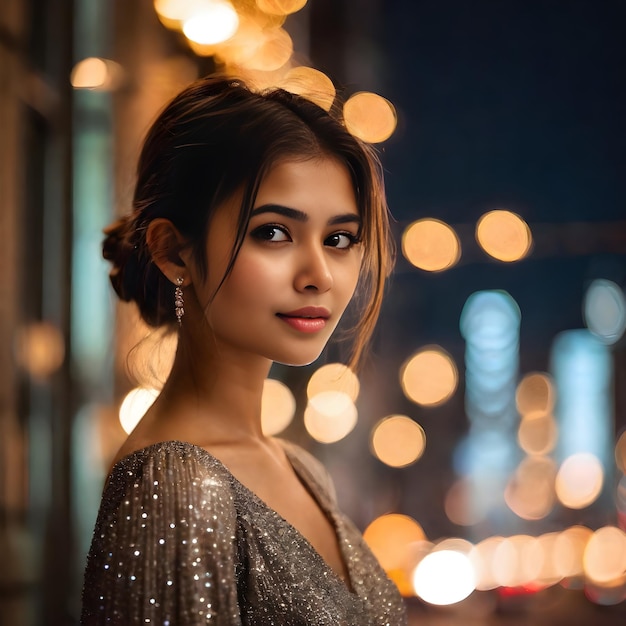 beautiful portrait of a teenage girl against the backdrop of city lights bokeh