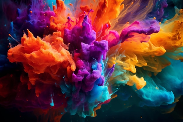 Beautiful powder explosion in all directions with vivid colors black background Paint holi Color