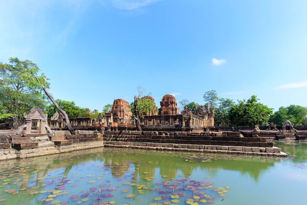 Beautiful Prasat Muang Tam ( lowland castle ) with reflection , Buriram Province , Thailand