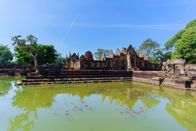 Beautiful Prasat Muang Tam ( lowland castle ) with reflection , Buriram , Thailand