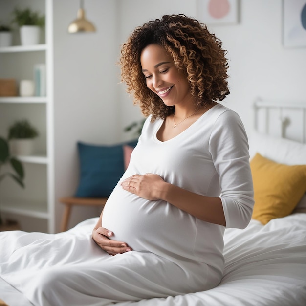 beautiful pregnant woman with curly hair looks at her belly and smiles