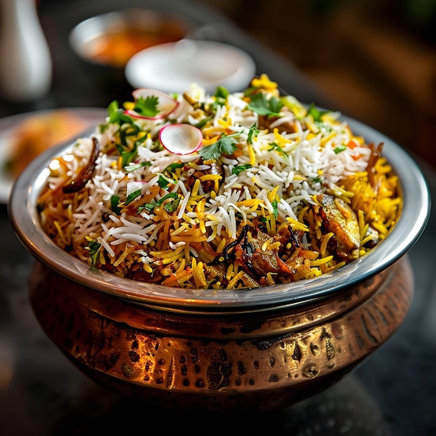 Photo beautiful presentation of hyderabadi dum biryani exquisite culinary art