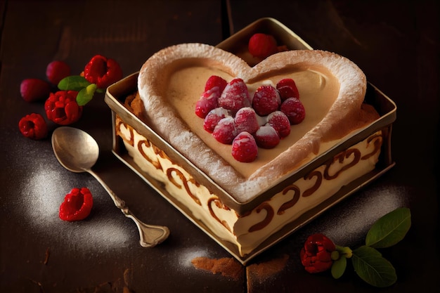 Beautiful presentation of sweetheart shaped tiramisu with red berries