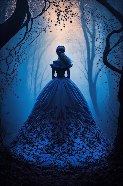 A beautiful princess silhouette in an autumn misty mystical forest