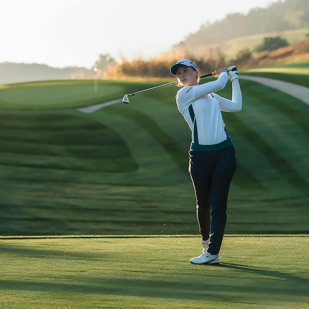 Beautiful professional woman golfer wearing sport wear in golf tournament on beautiful green course