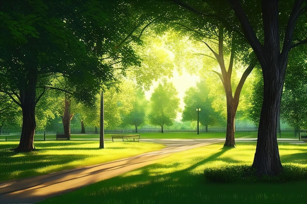 Beautiful public park with green grass field on morning light Created with Generative AI technology