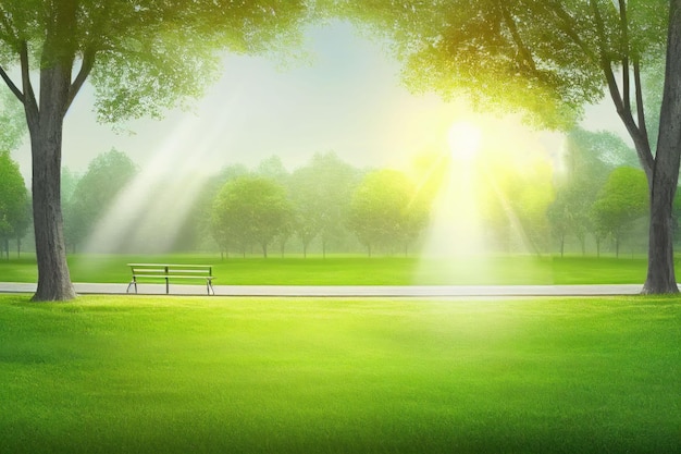 Beautiful public park with green grass field on morning light Created with Generative AI technology