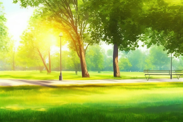 Beautiful public park with green grass field on morning light Created with Generative AI technology