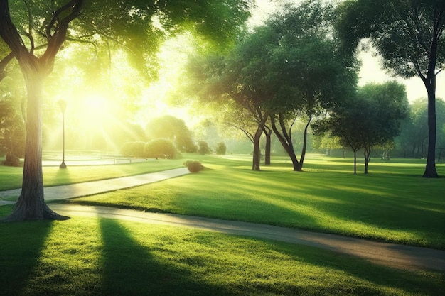 Beautiful public park with green grass field on morning light Created with Generative AI technology