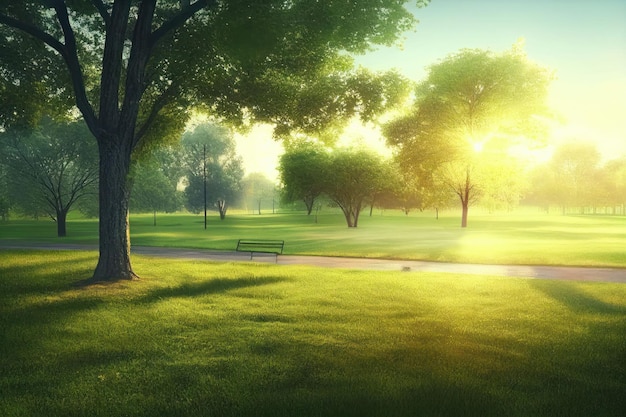 Beautiful public park with green grass field on morning light Created with Generative AI technology