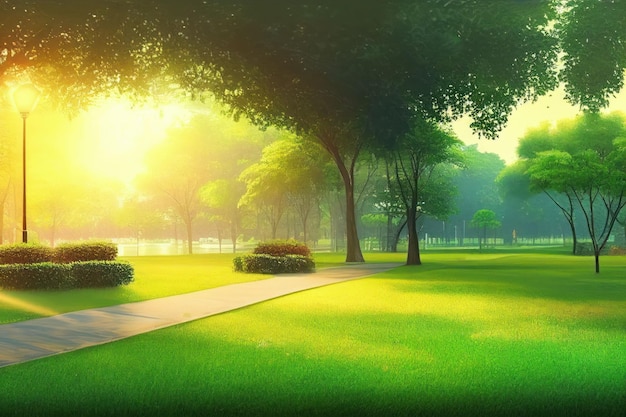 Beautiful public park with green grass field on morning light Created with Generative AI technology